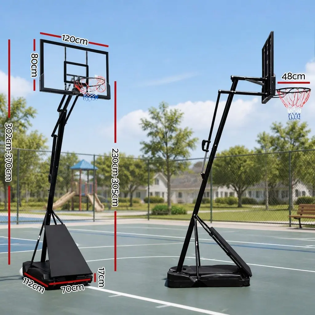 Adjustable Basketball Hoop Stand Black Steel Frame 48 Inch Polycarbonate Backboard Height Range 2.3m to 3.05m Portable for Backyard Use