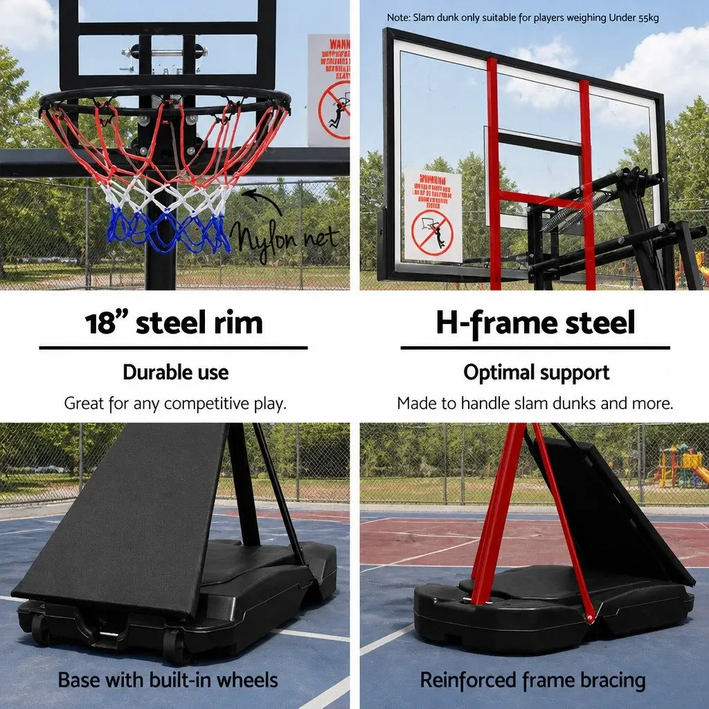 Adjustable Basketball Hoop Stand Black Steel Frame 48 Inch Polycarbonate Backboard Height Range 2.3m to 3.05m Portable for Backyard Use