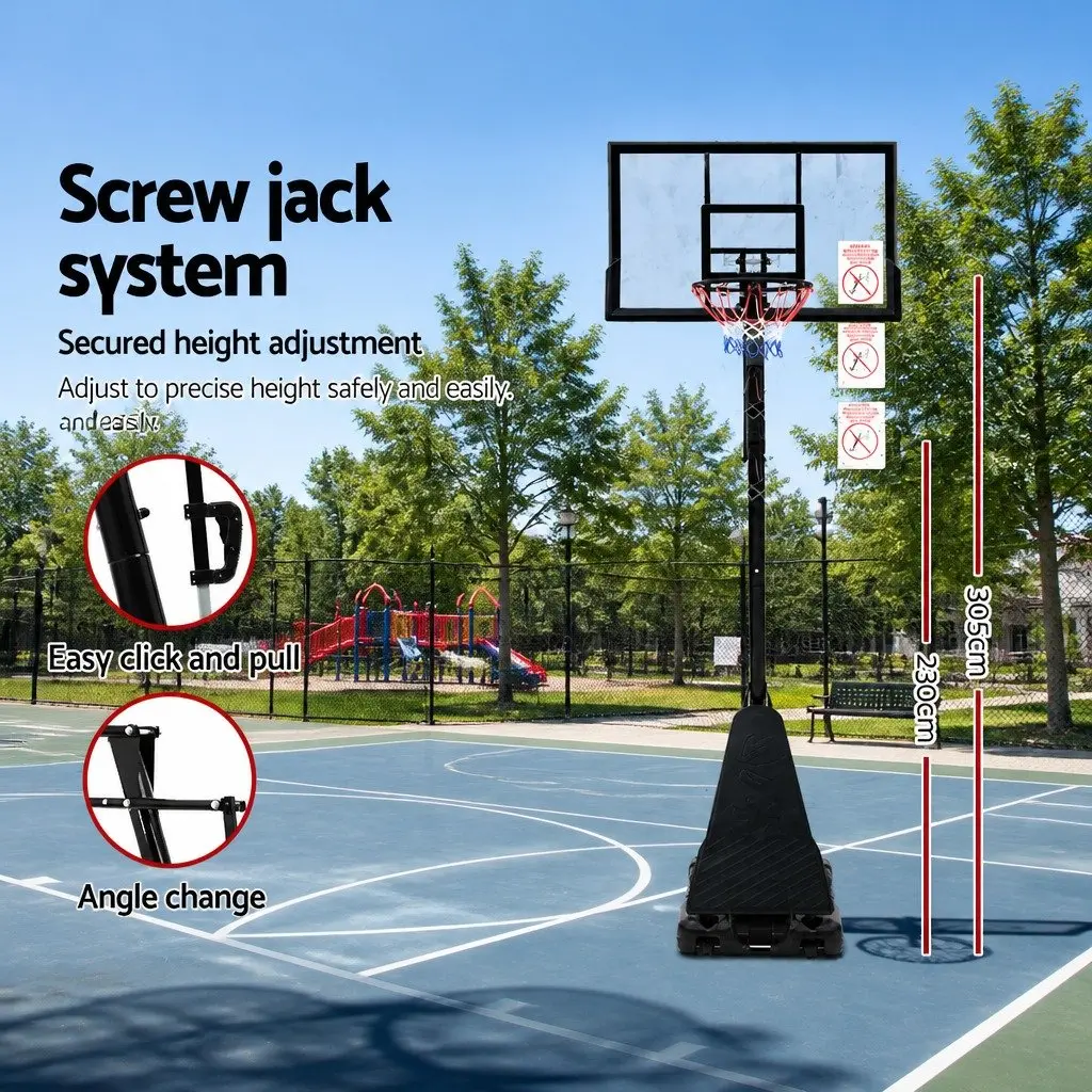 Adjustable Basketball Hoop Stand Black Steel Frame 48 Inch Polycarbonate Backboard Height Range 2.3m to 3.05m Portable for Backyard Use