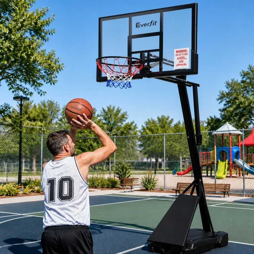 Adjustable Basketball Hoop Stand Black Steel Frame 48 Inch Polycarbonate Backboard Height Range 2.3m to 3.05m Portable for Backyard Use
