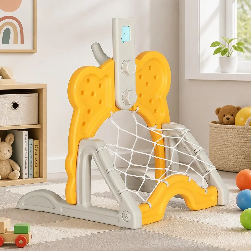 Kids Basketball Hoop Stand Adjustable Height 5 in 1 Sports Activity Centre Yellow PP Nylon 54 x 52 x 117 147 cm