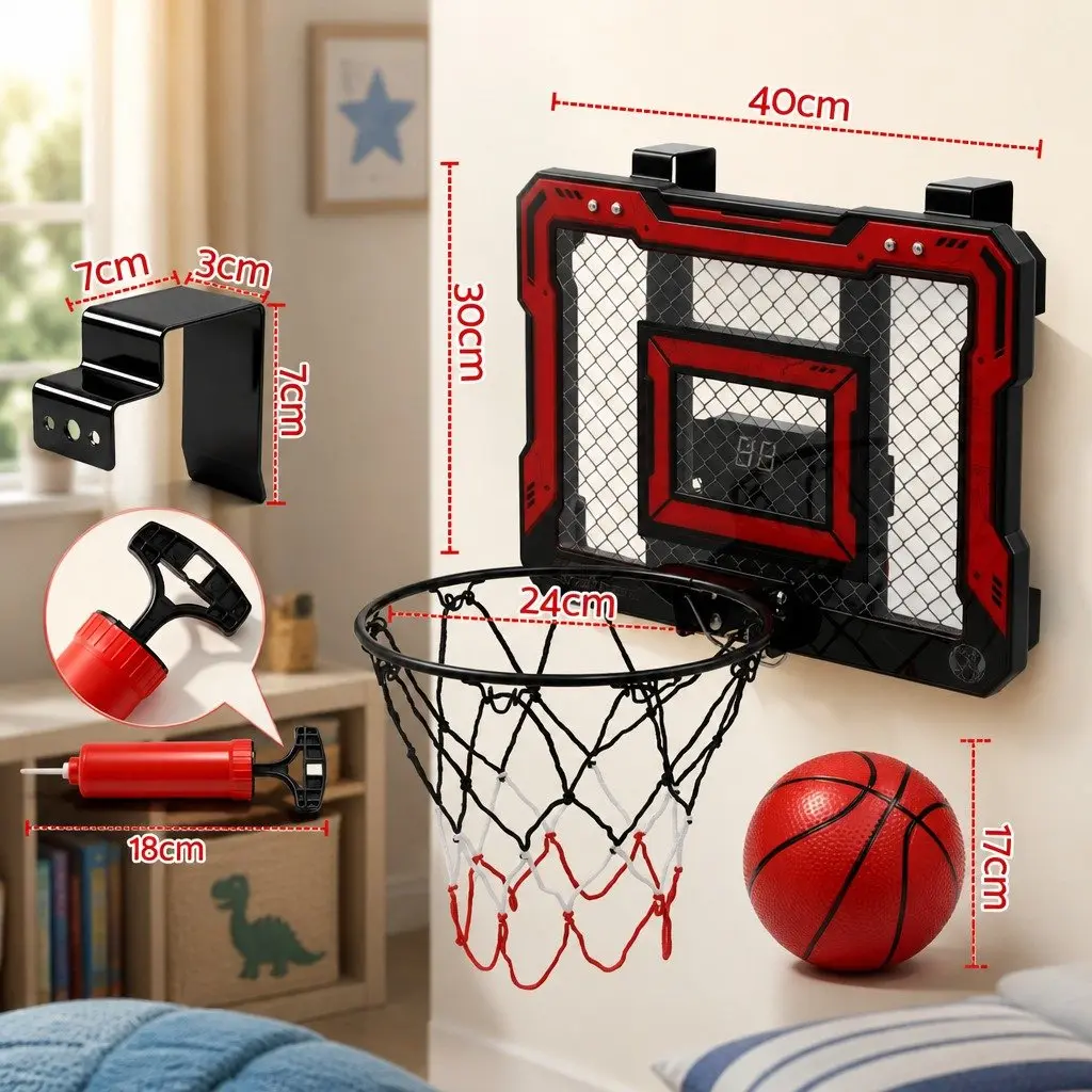 Mini Basketball Hoop Over Door Electronic Scoreboard 40x30cm Red