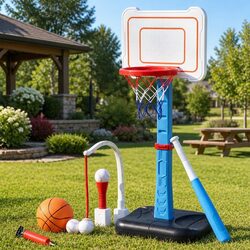 Kids Basketball Hoop Stand Baseball T-Ball Set Adjustable Height Sports Toy Blue