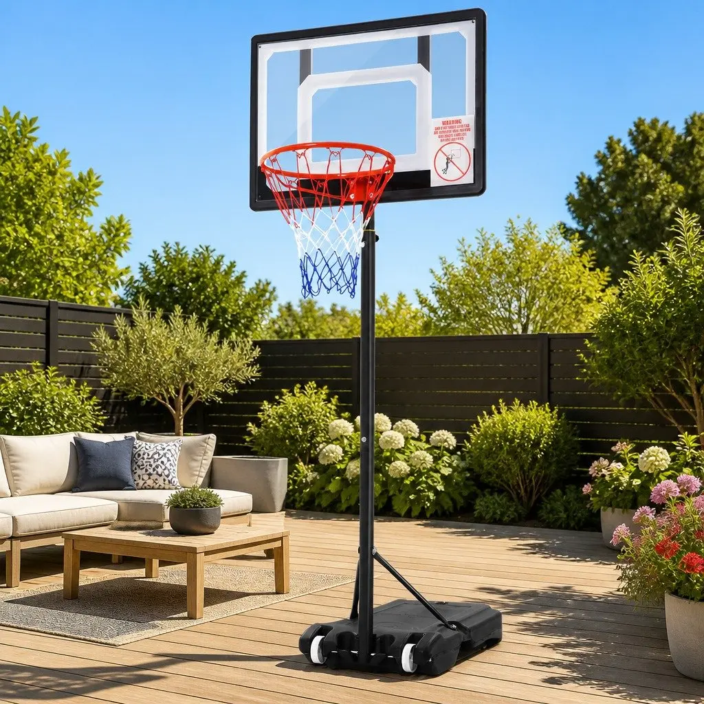 Basketball Hoop Stand System Adjustable Steel Frame 1.6m to 2.1m Portable 32 Inch PVC Backboard Black