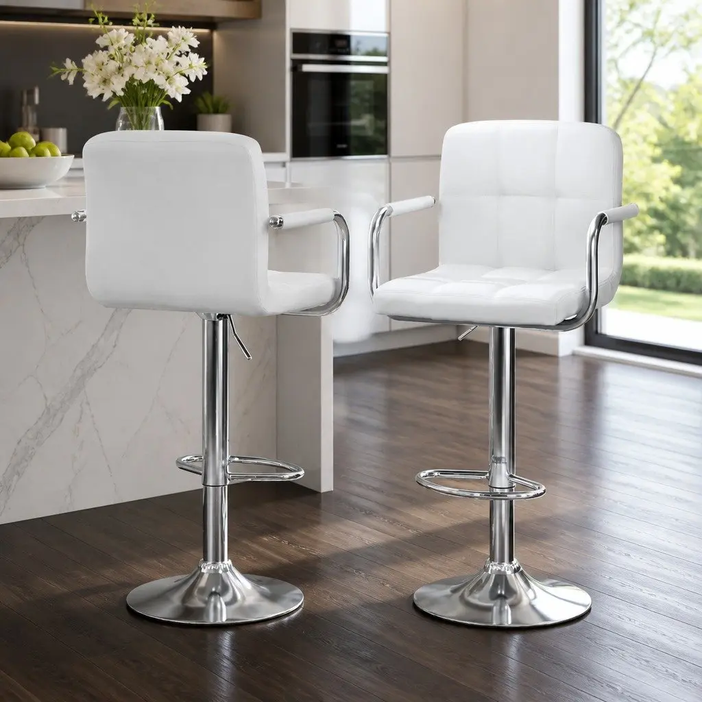 Bar Table and Stools Set Height Adjustable Swivel White MDF Steel 60cm Diameter 71 to 91cm Height 2 Piece