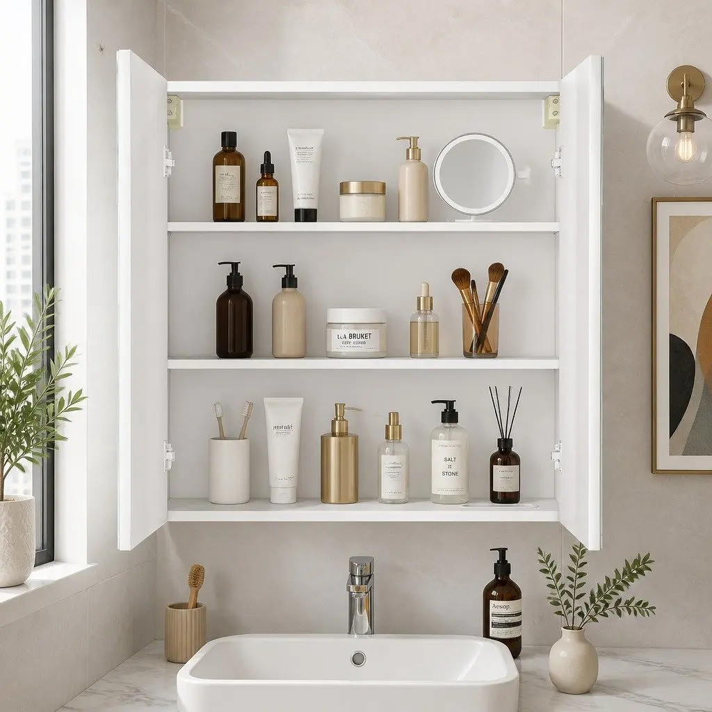 Bathroom Mirror Cabinet Wall-Mounted 75CM White MDF Glass with Adjustable Shelves and 5X Magnifying Mirror