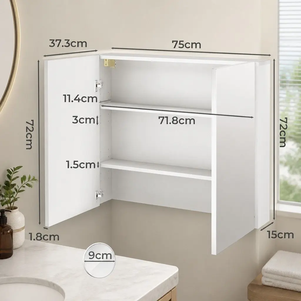 Bathroom Mirror Cabinet Wall-Mounted 75CM White MDF Glass with Adjustable Shelves and 5X Magnifying Mirror