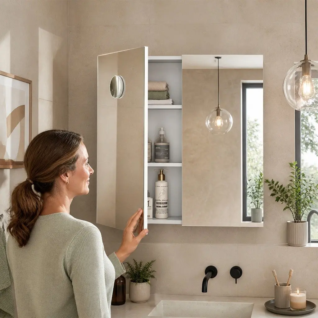 Bathroom Mirror Cabinet Wall-Mounted 75CM White MDF Glass with Adjustable Shelves and 5X Magnifying Mirror