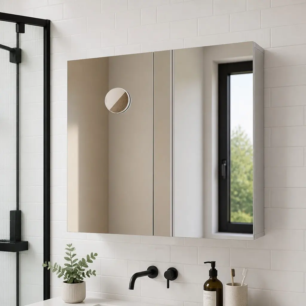 Bathroom Mirror Cabinet Wall-Mounted 75CM White MDF Glass with Adjustable Shelves and 5X Magnifying Mirror