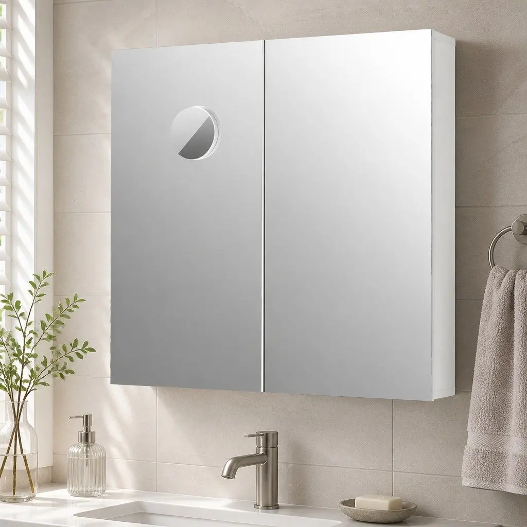 Bathroom Mirror Cabinet Wall-Mounted 75CM White MDF Glass with Adjustable Shelves and 5X Magnifying Mirror