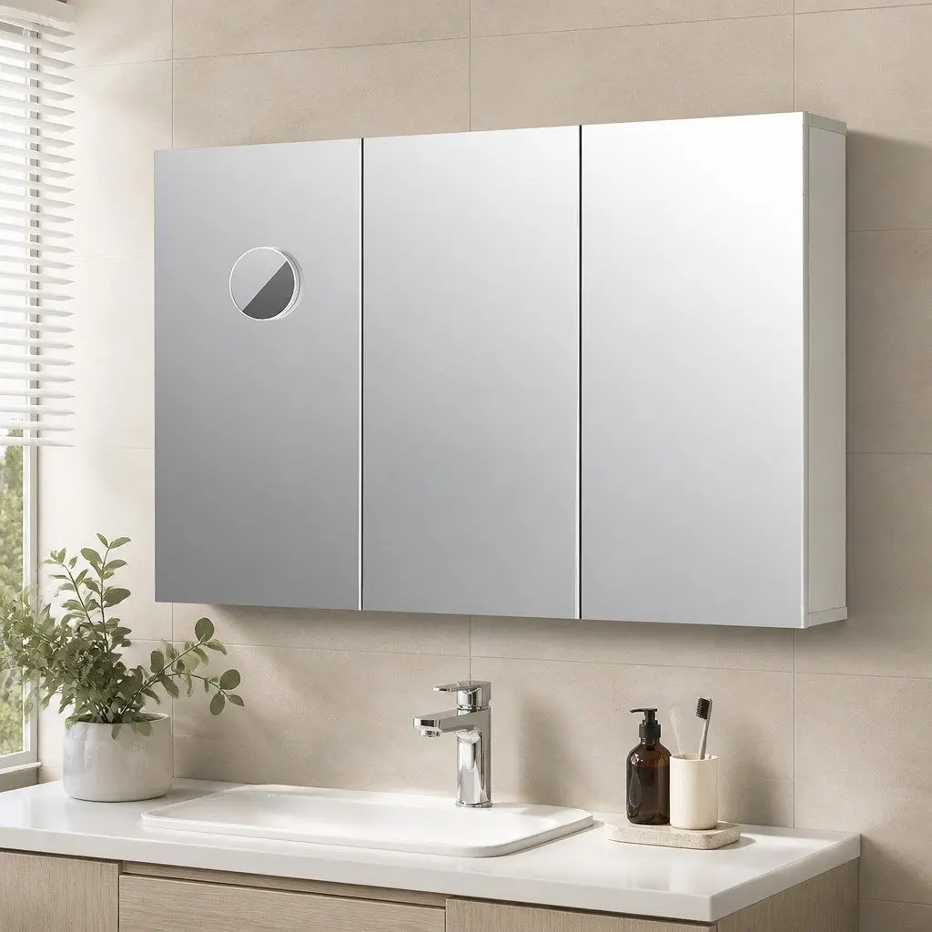 Bathroom Mirror Cabinet Wall-Mounted 90CM White MDF Glass with Magnifying Mirror and Adjustable Shelves