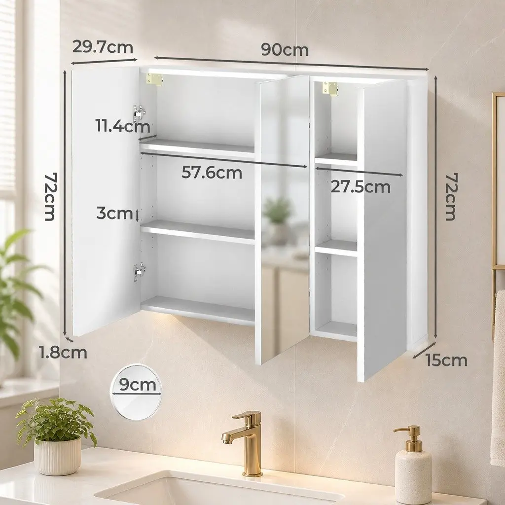 Bathroom Mirror Cabinet Wall-Mounted 90CM White MDF Glass with Magnifying Mirror and Adjustable Shelves