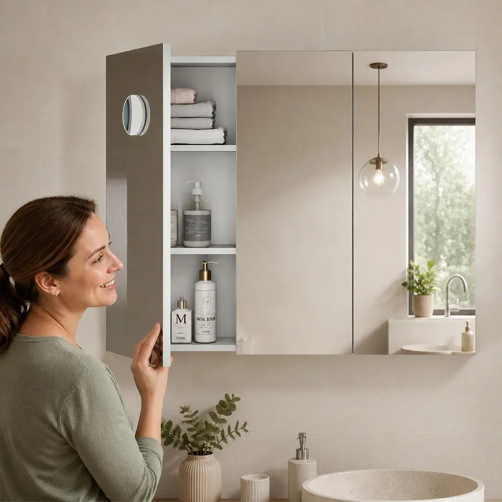 Bathroom Mirror Cabinet Wall-Mounted 90CM White MDF Glass with Magnifying Mirror and Adjustable Shelves