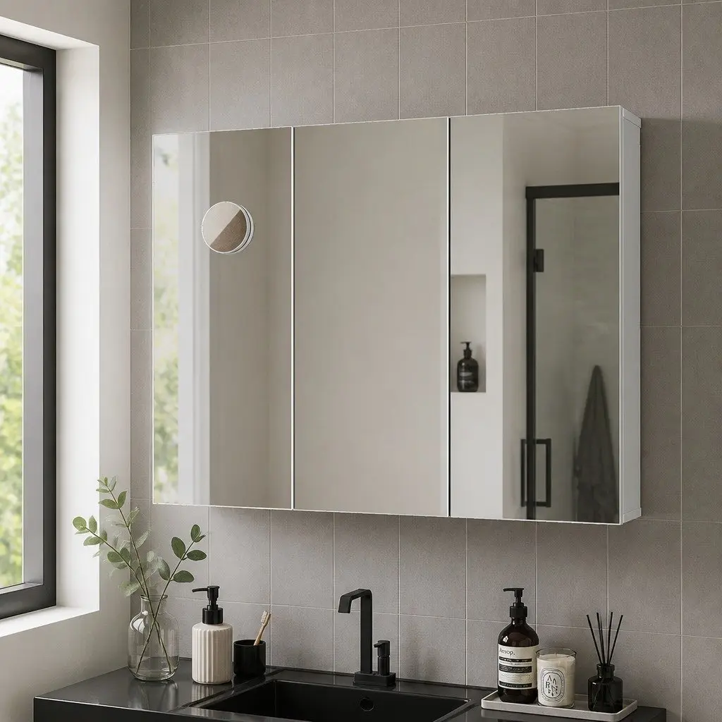 Bathroom Mirror Cabinet Wall-Mounted 90CM White MDF Glass with Magnifying Mirror and Adjustable Shelves