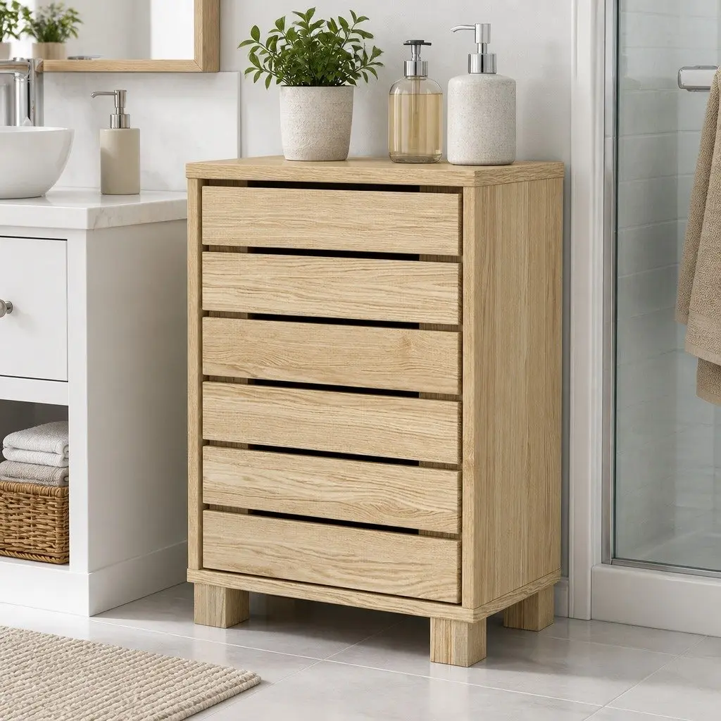 Bathroom Storage Cabinet Oak Compact Floor Shelf Unit with Adjustable Shelves
