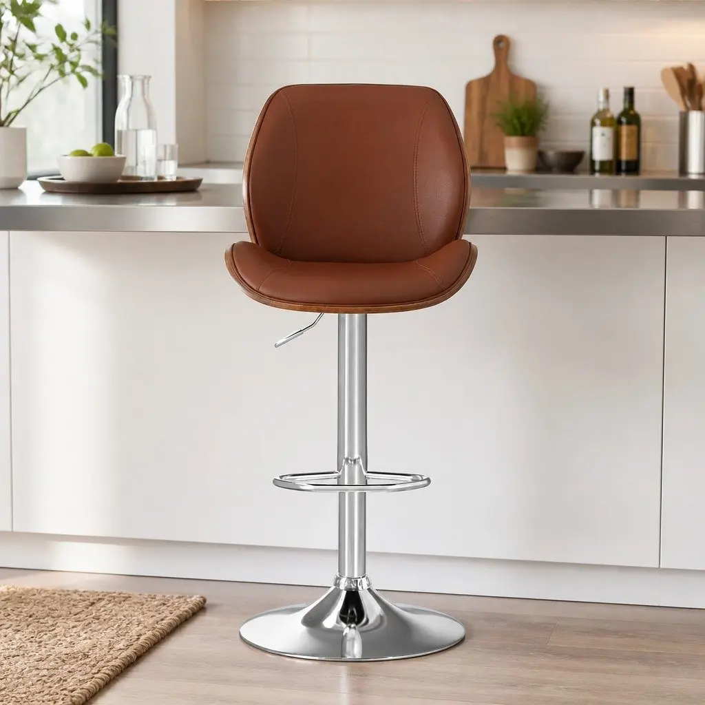 Bar Stools Bentwood Adjustable Height Brown PU Leather 2 Piece Set