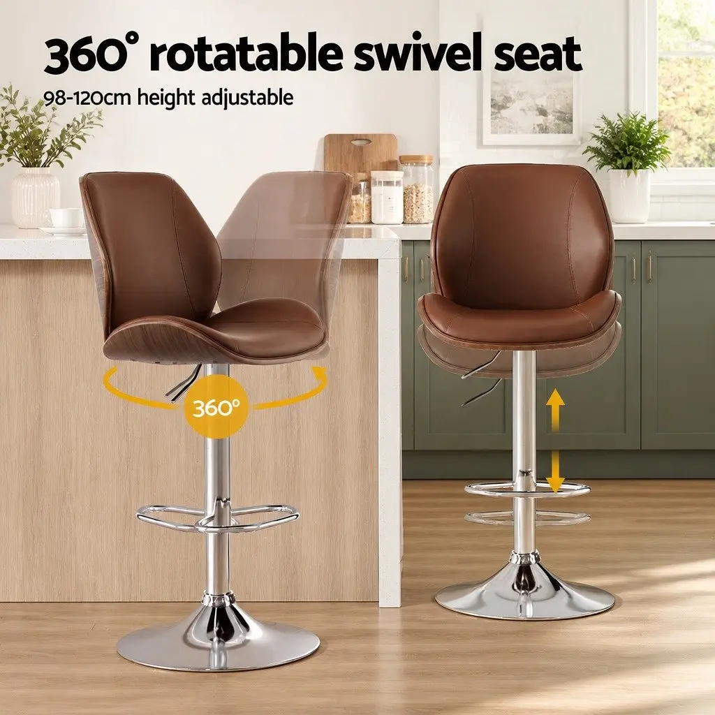 Bar Stools Bentwood Adjustable Height Brown PU Leather 2 Piece Set