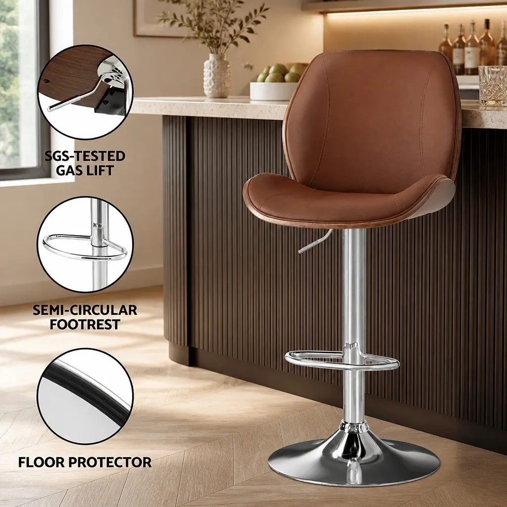 Bar Stools Bentwood Adjustable Height Brown PU Leather 2 Piece Set