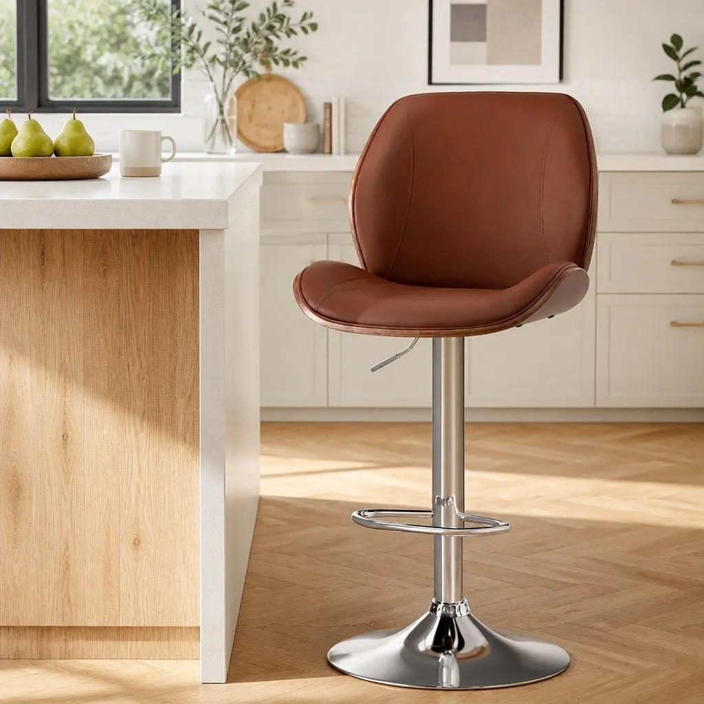 Adjustable Bar Stool Brown PU Leather Bentwood Backrest Kitchen Dining Counter Height