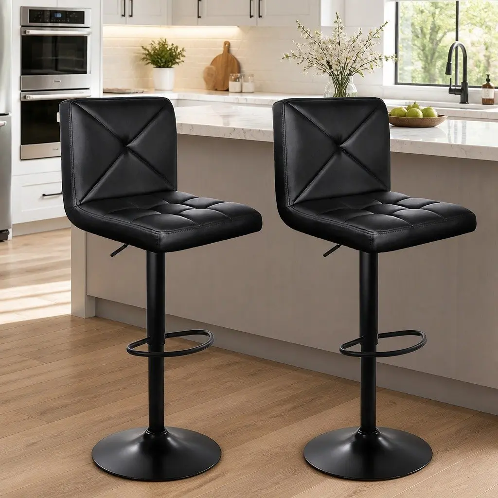 Bar Stools Gas Lift Swivel Seat PU Leather Black Set of 2
