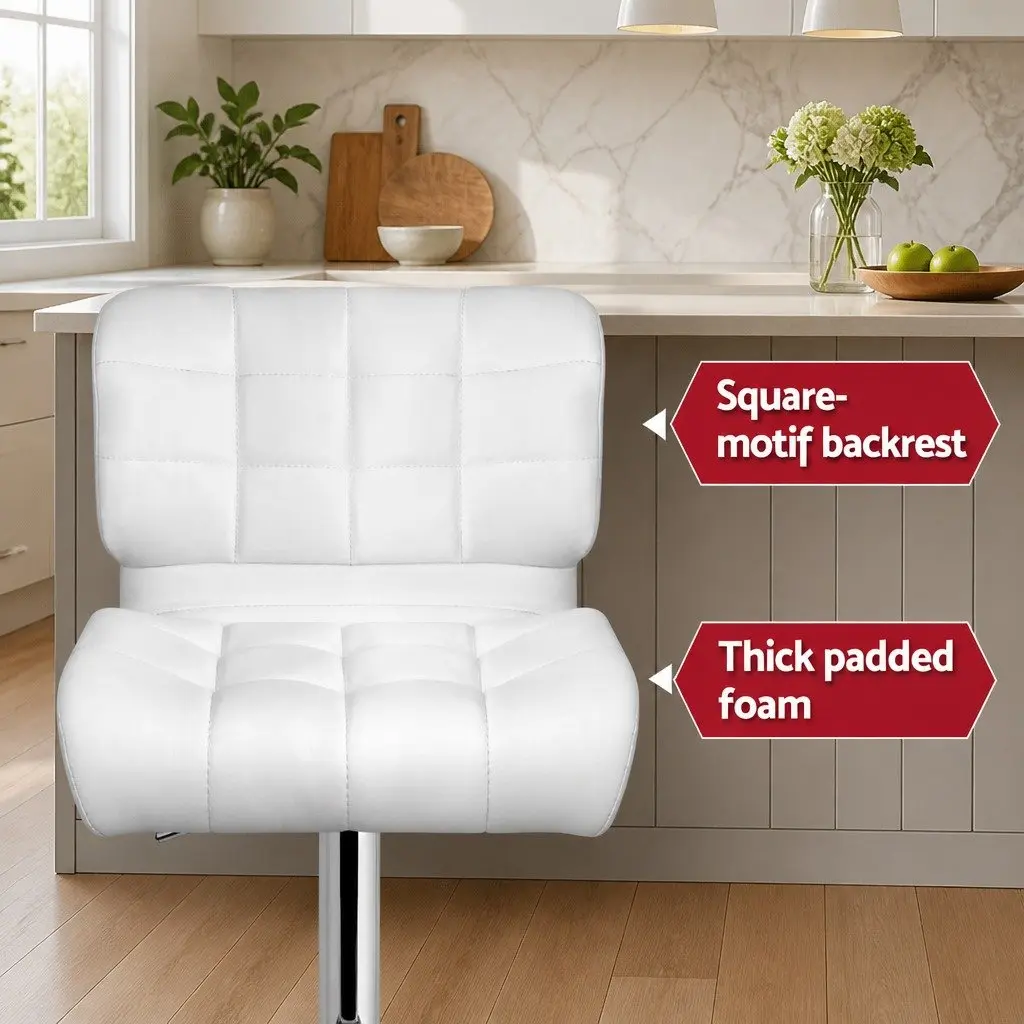 Bar Stools White PU Leather Padded Seat Swivel Chrome Base Adjustable Height Set of 2