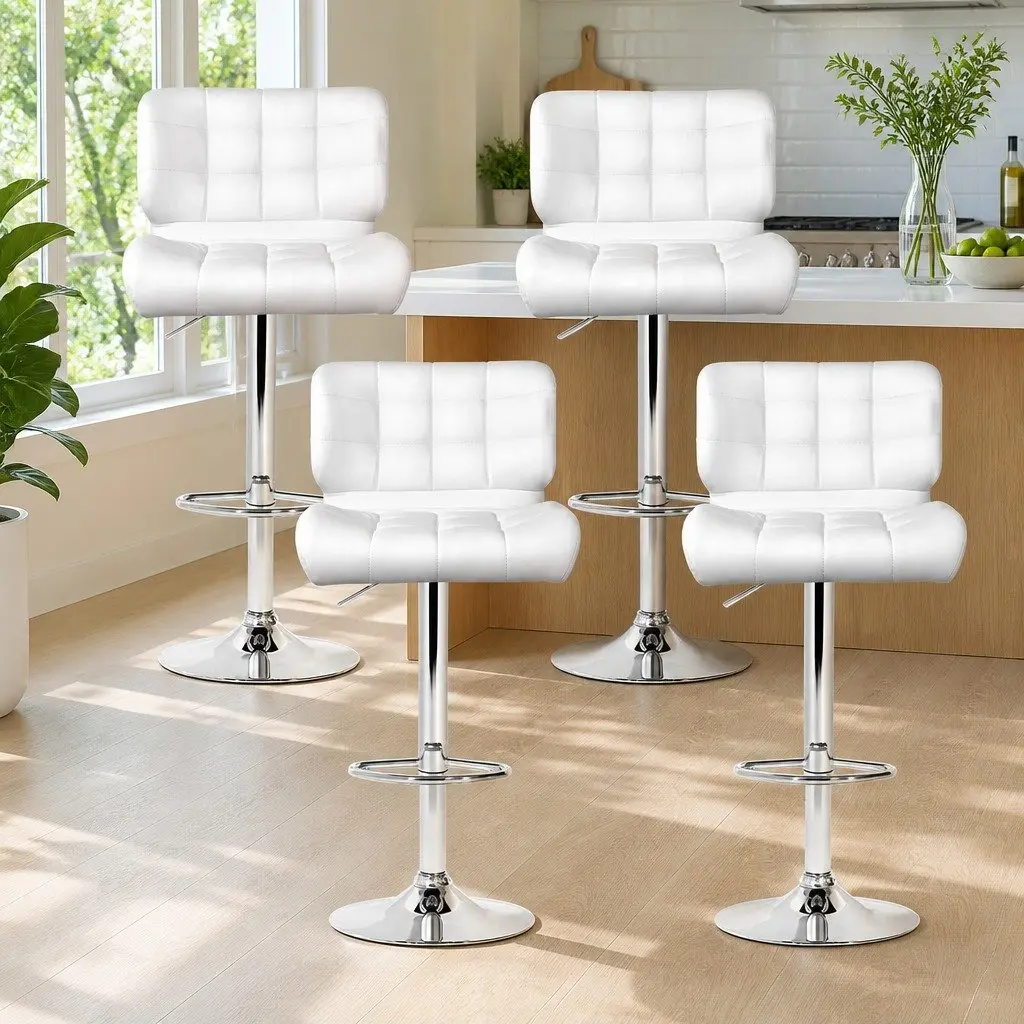 Bar Stools PU Leather Padded Seat Gas Lift Swivel Chrome Base White
