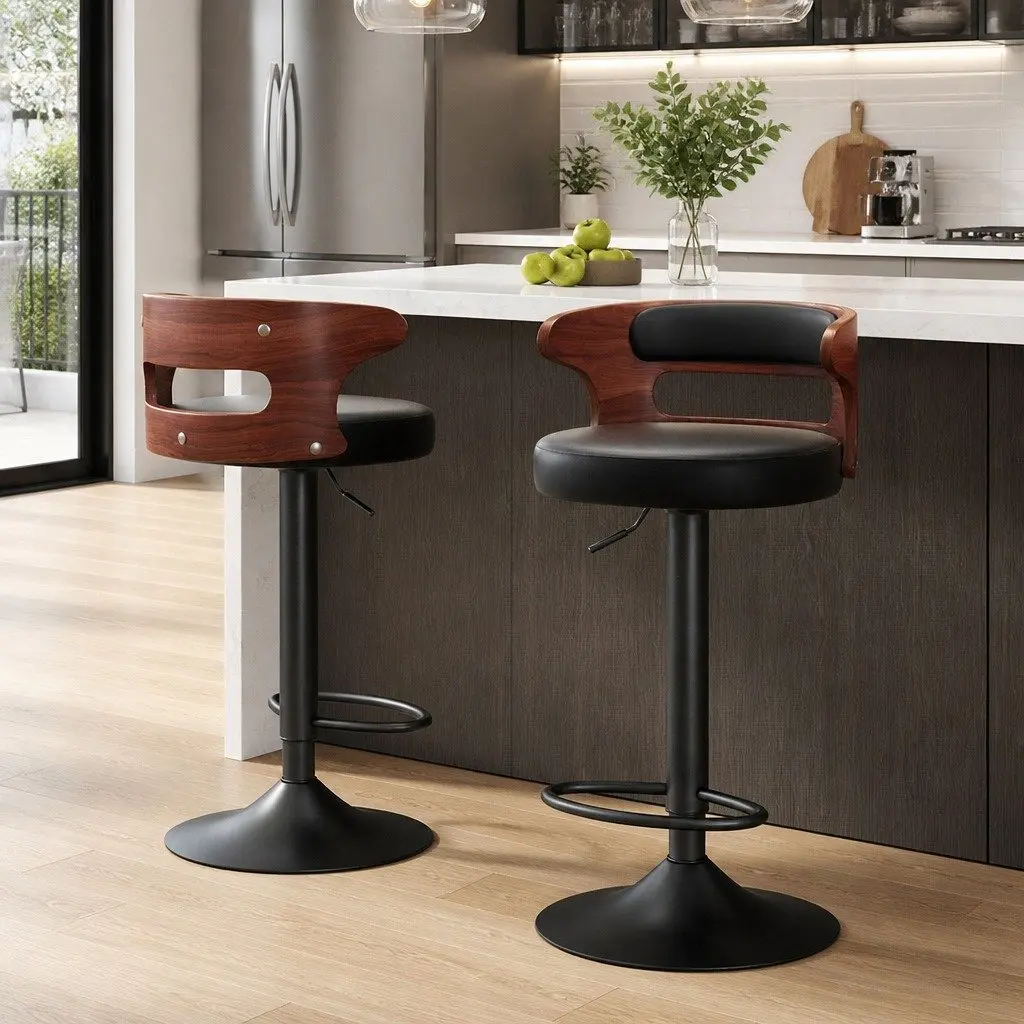 Bar Stools Gas Lift Swivel Chair Black PU Leather Mid-Back Adjustable Height 2 Piece
