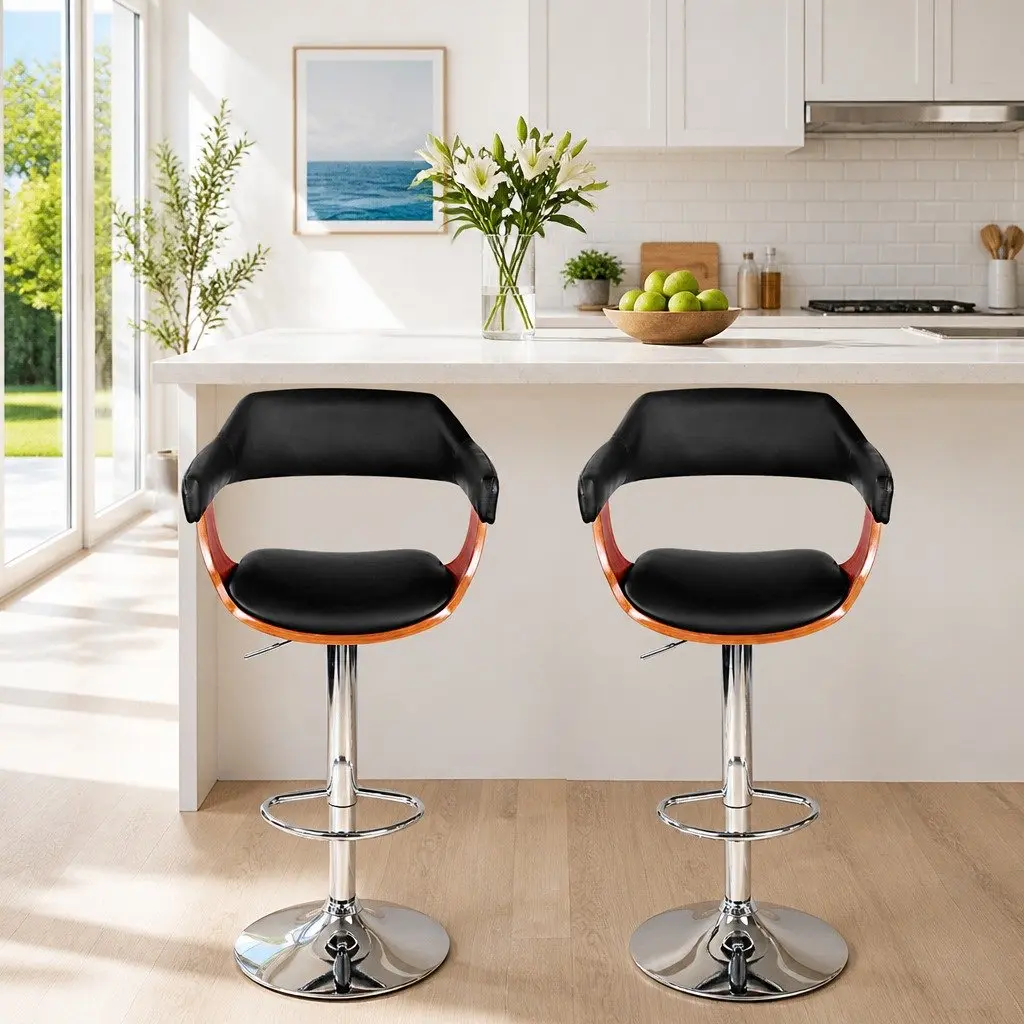 Bar Stools Gas Lift Steel Chrome Adjustable Height Black PU Leather Padded Seat Swivel