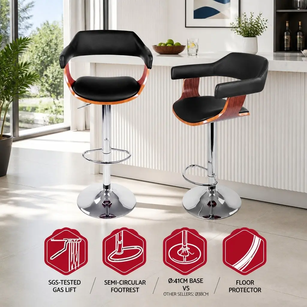 Bar Stools Gas Lift Steel Chrome Adjustable Height Black PU Leather Padded Seat Swivel