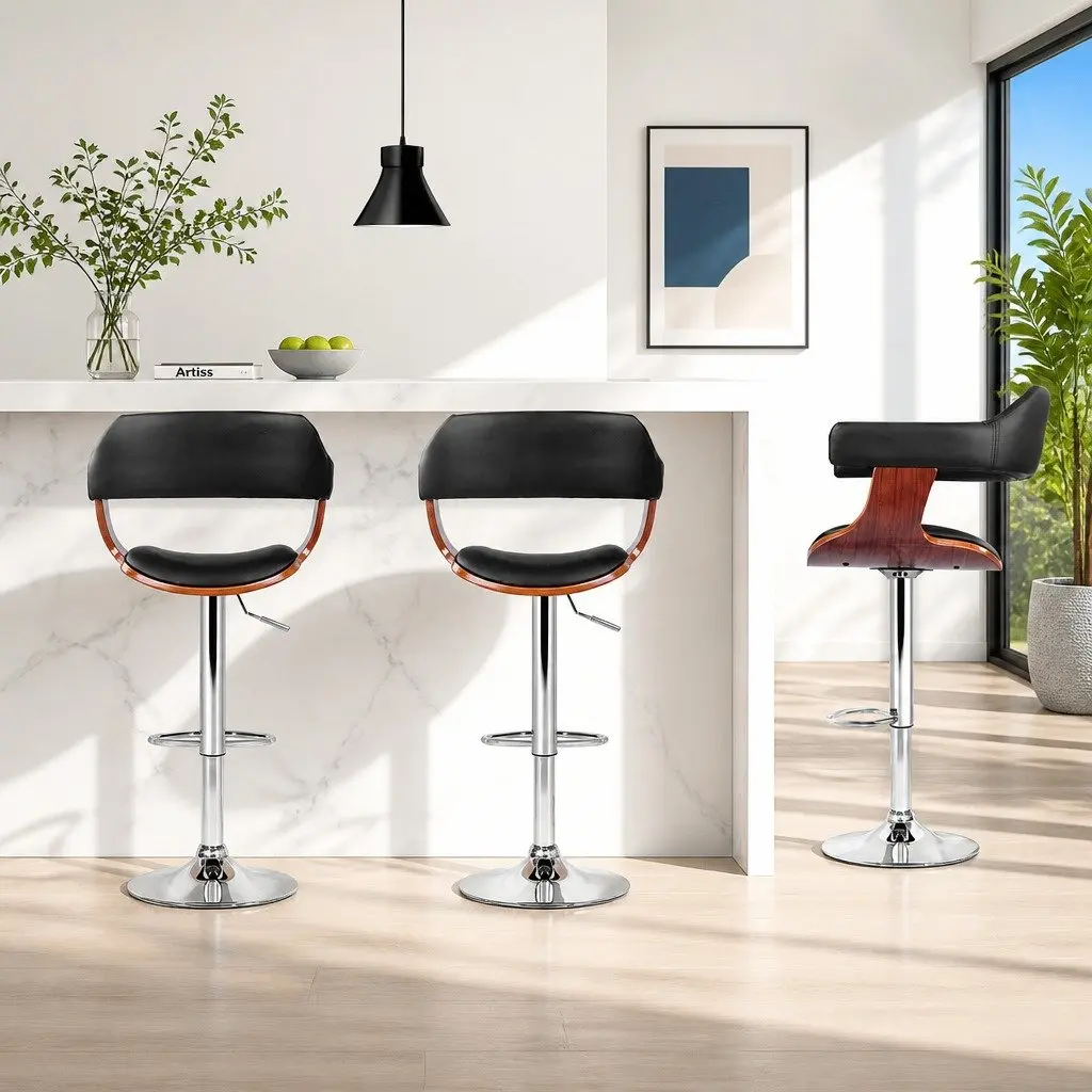 Bar Stools Gas Lift Steel Chrome Adjustable Height Black PU Leather Padded Seat Swivel