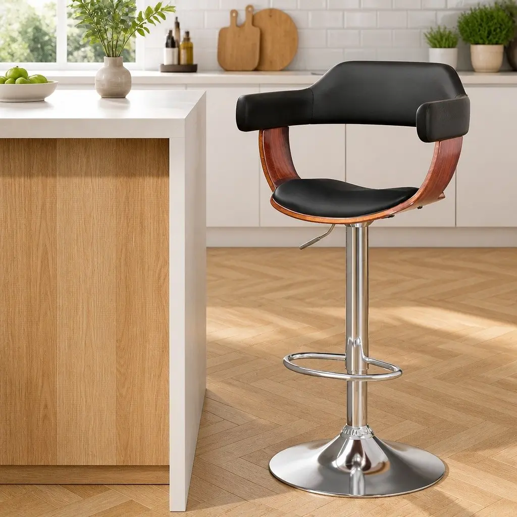 Bar Stools PU Leather Padded Seat Steel Base Chrome Gas Lift Adjustable Height Black