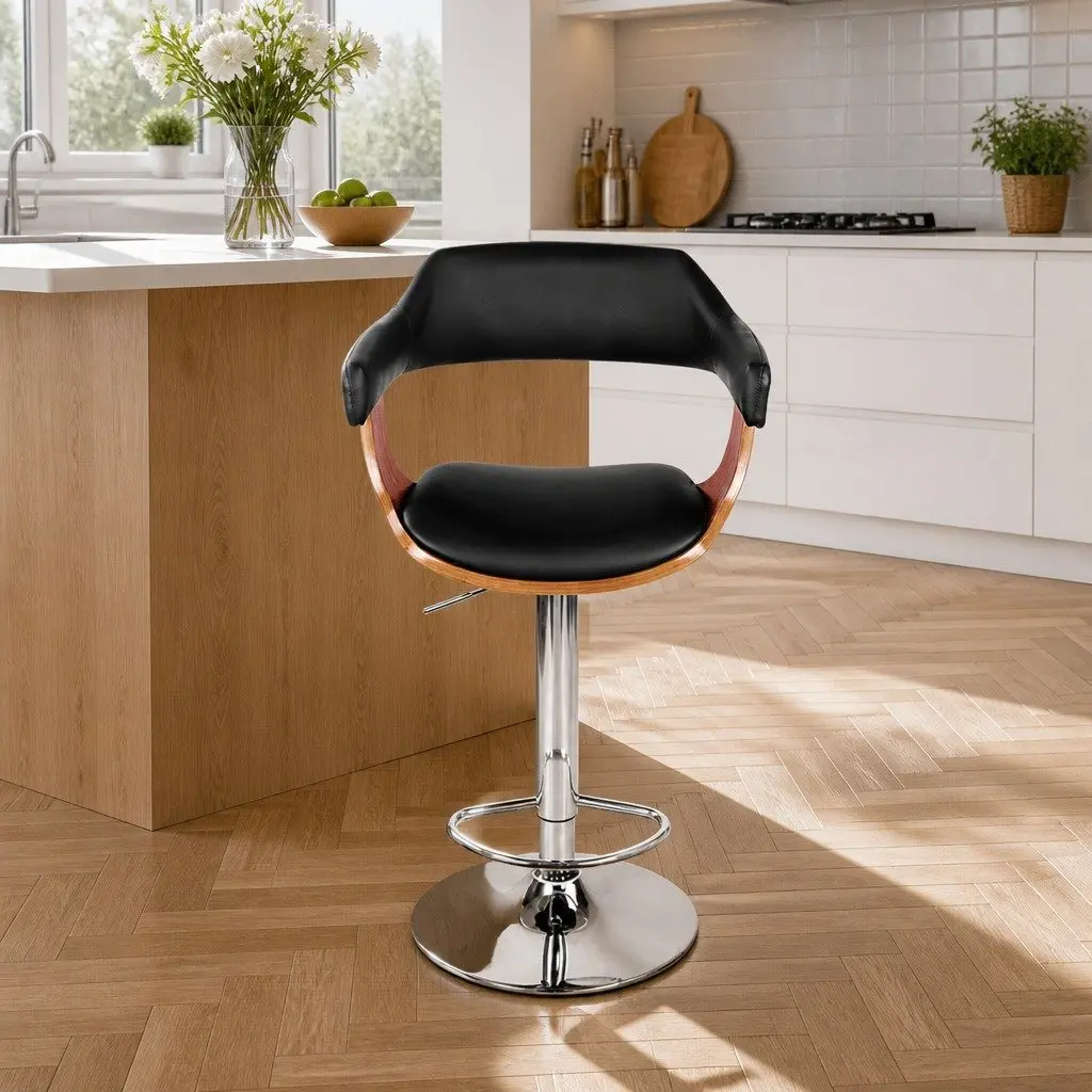 Bar Stools PU Leather Padded Seat Steel Base Chrome Gas Lift Adjustable Height Black