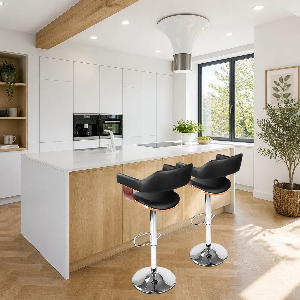 Bar Stools PU Leather Padded Seat Steel Base Chrome Gas Lift Adjustable Height Black