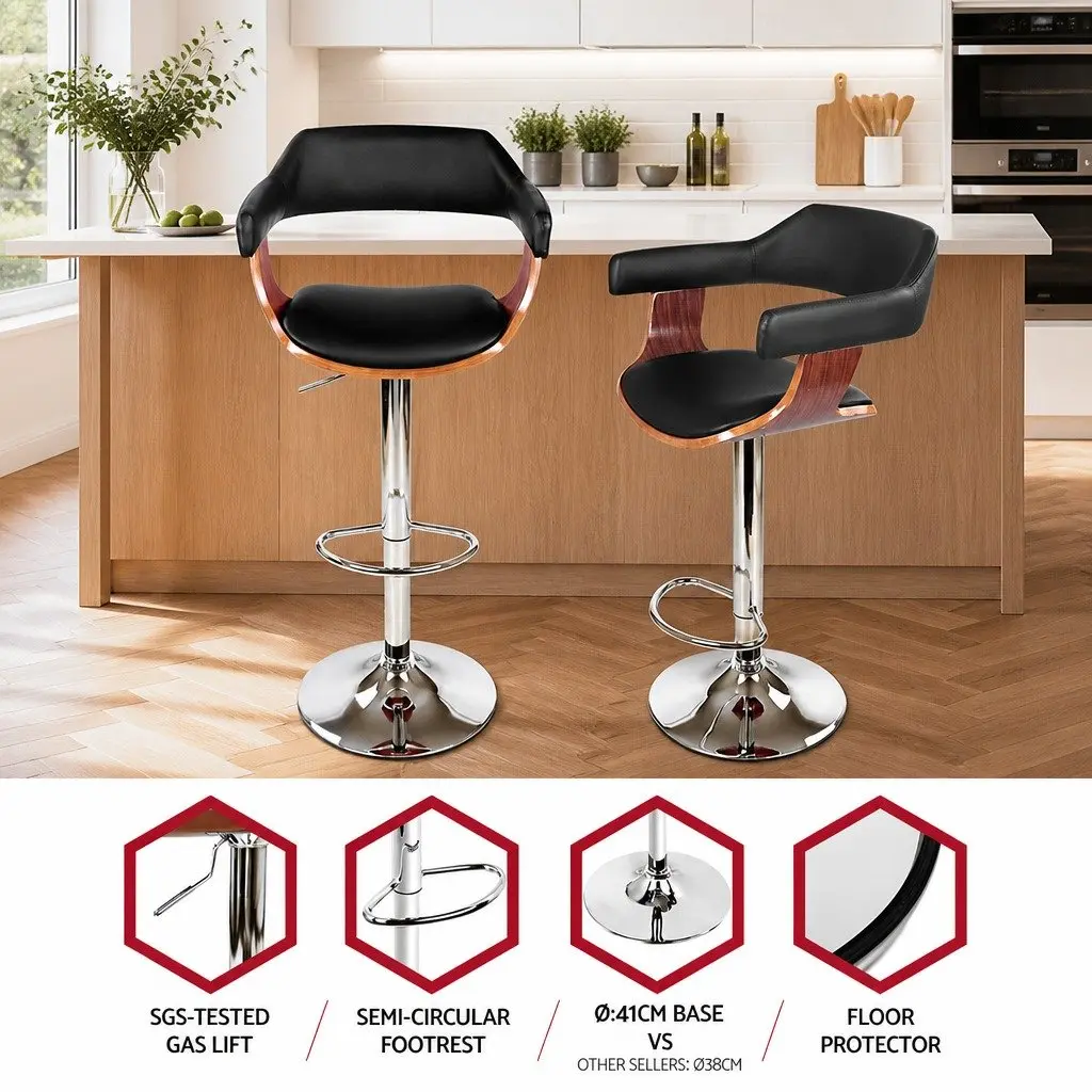 Bar Stools PU Leather Padded Seat Steel Base Chrome Gas Lift Adjustable Height Black
