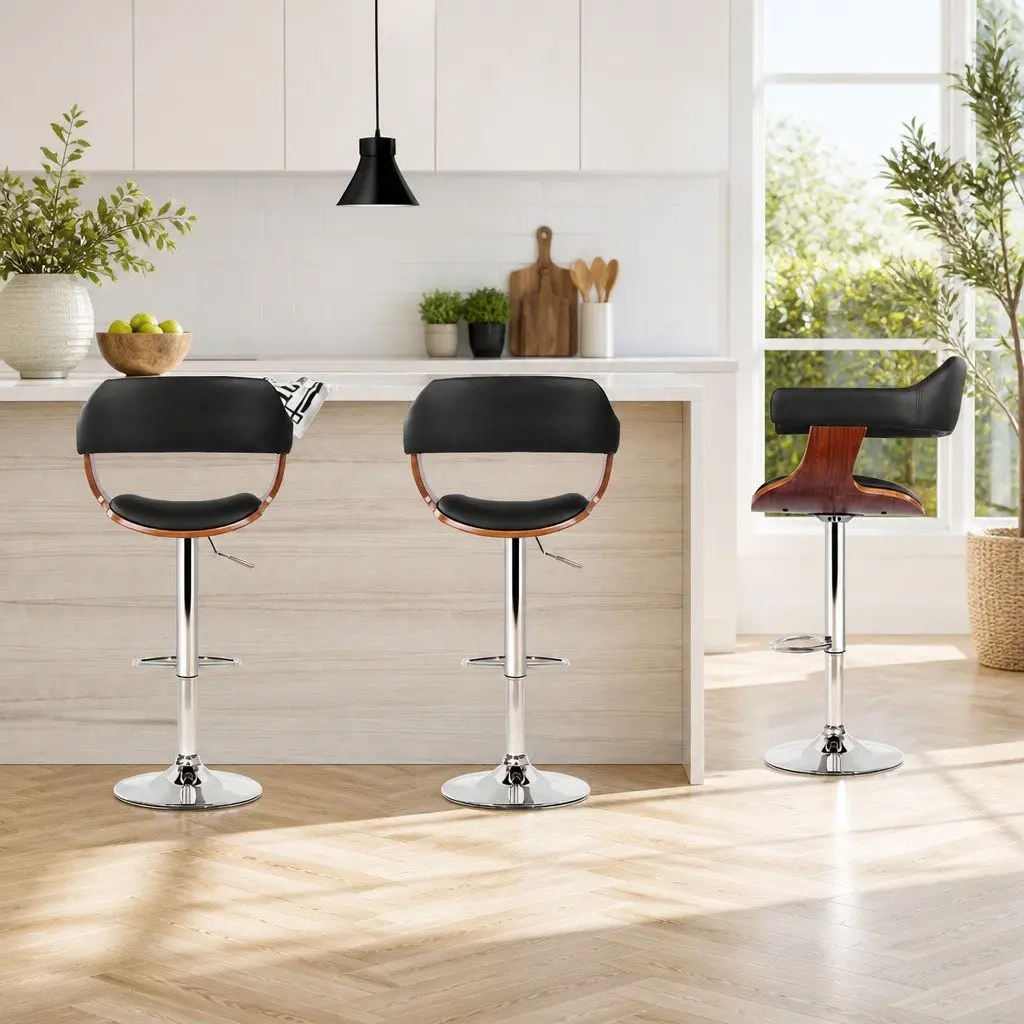 Bar Stools PU Leather Padded Seat Steel Base Chrome Gas Lift Adjustable Height Black