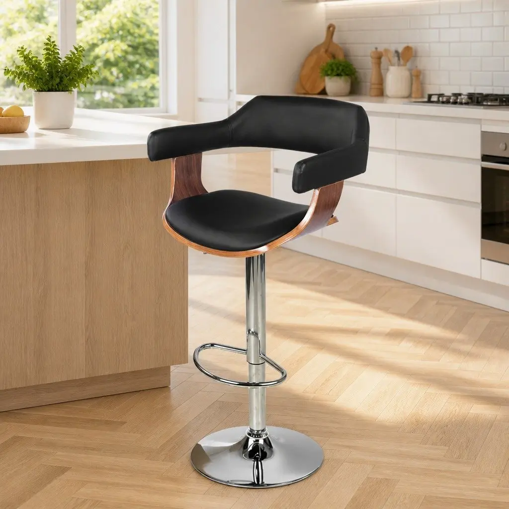 Bar Stools PU Leather Padded Seat Steel Base Chrome Gas Lift Adjustable Height Black