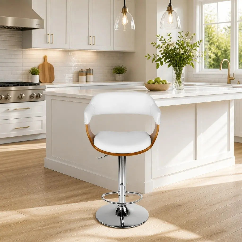 Bar Stools Gas Lift Swivel Chair White Padded Seat Chrome Base