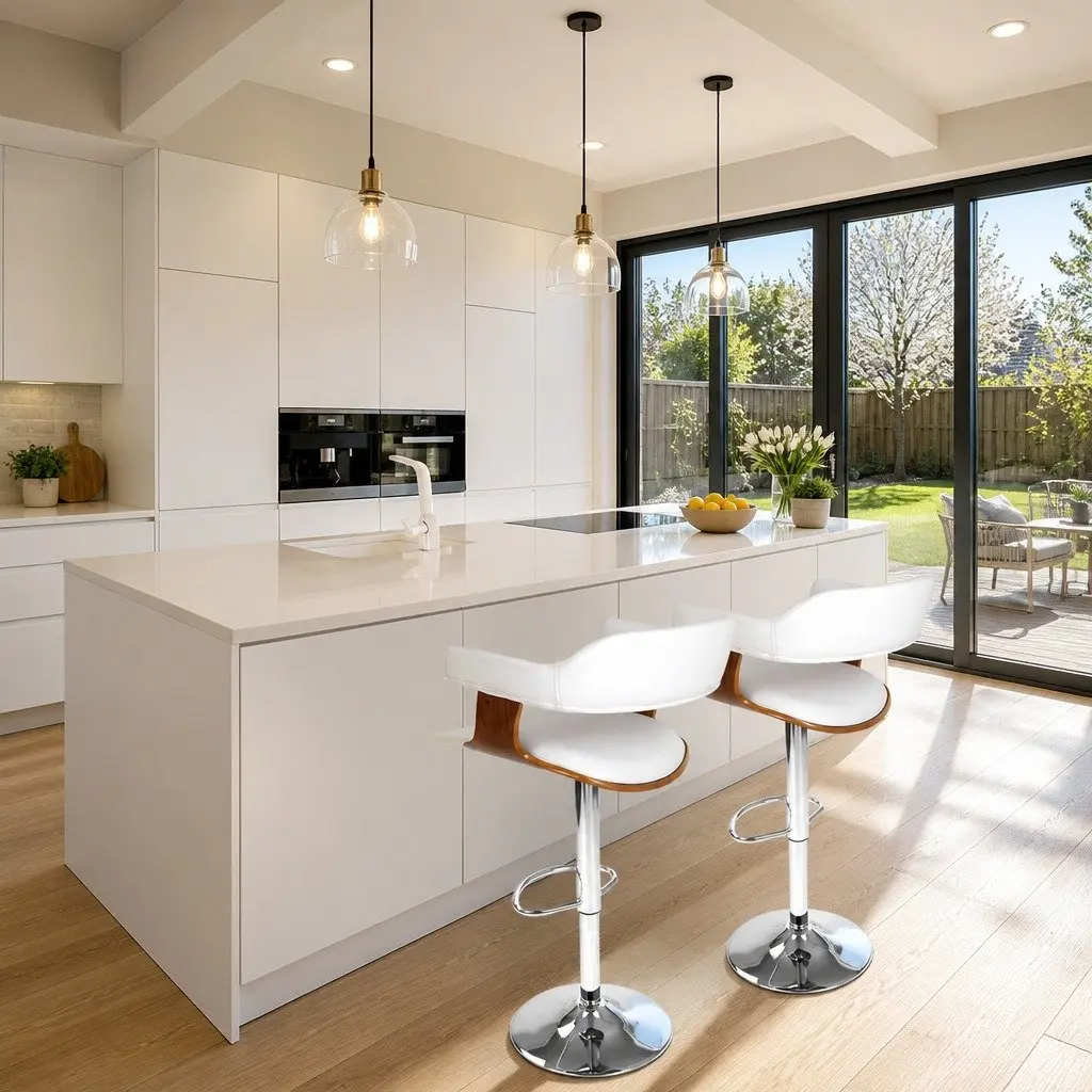 Bar Stools Gas Lift Swivel Chair White Padded Seat Chrome Base