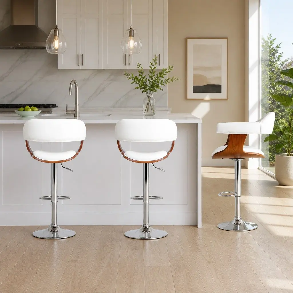 Bar Stools Gas Lift Swivel Chair White Padded Seat Chrome Base