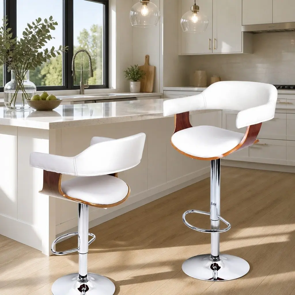 Bar Stools Gas Lift Swivel Chair White Padded Seat Chrome Base