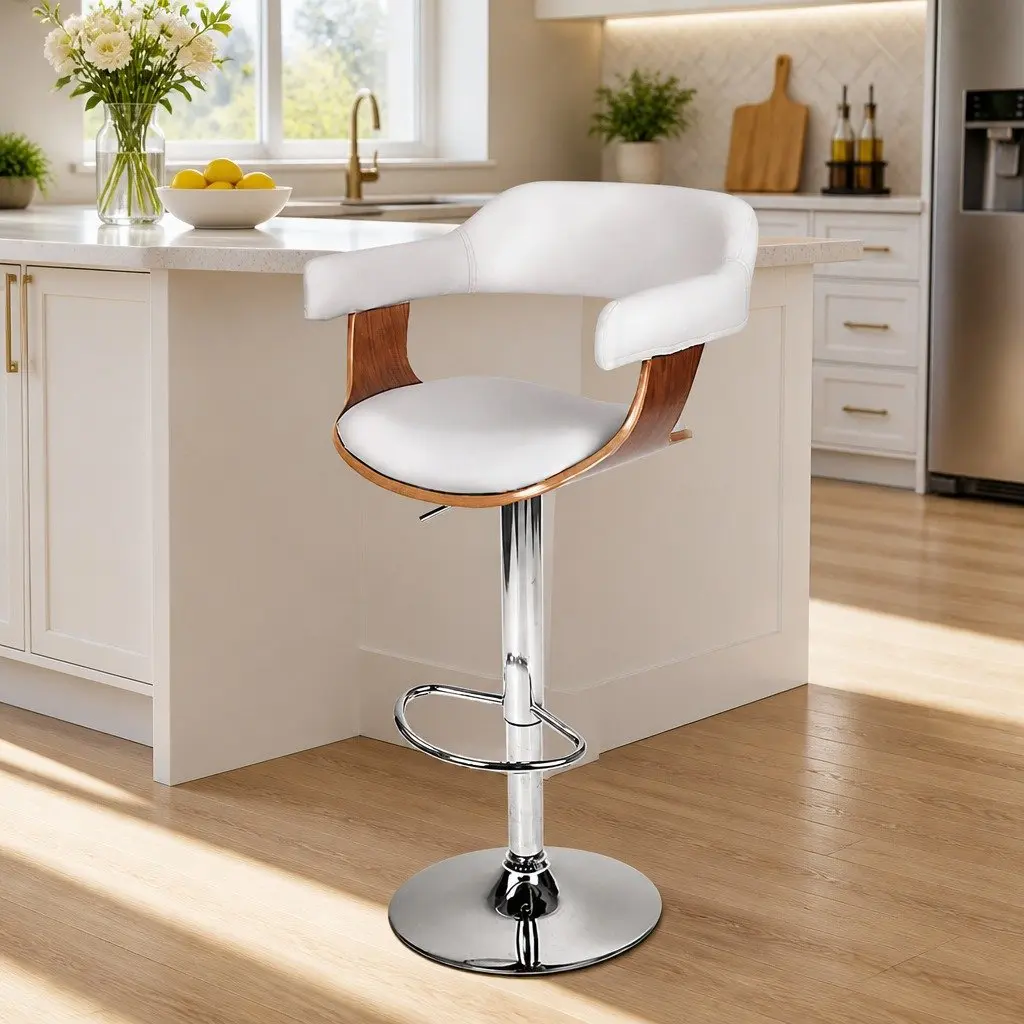 Bar Stools Gas Lift Swivel Chair White Padded Seat Chrome Base