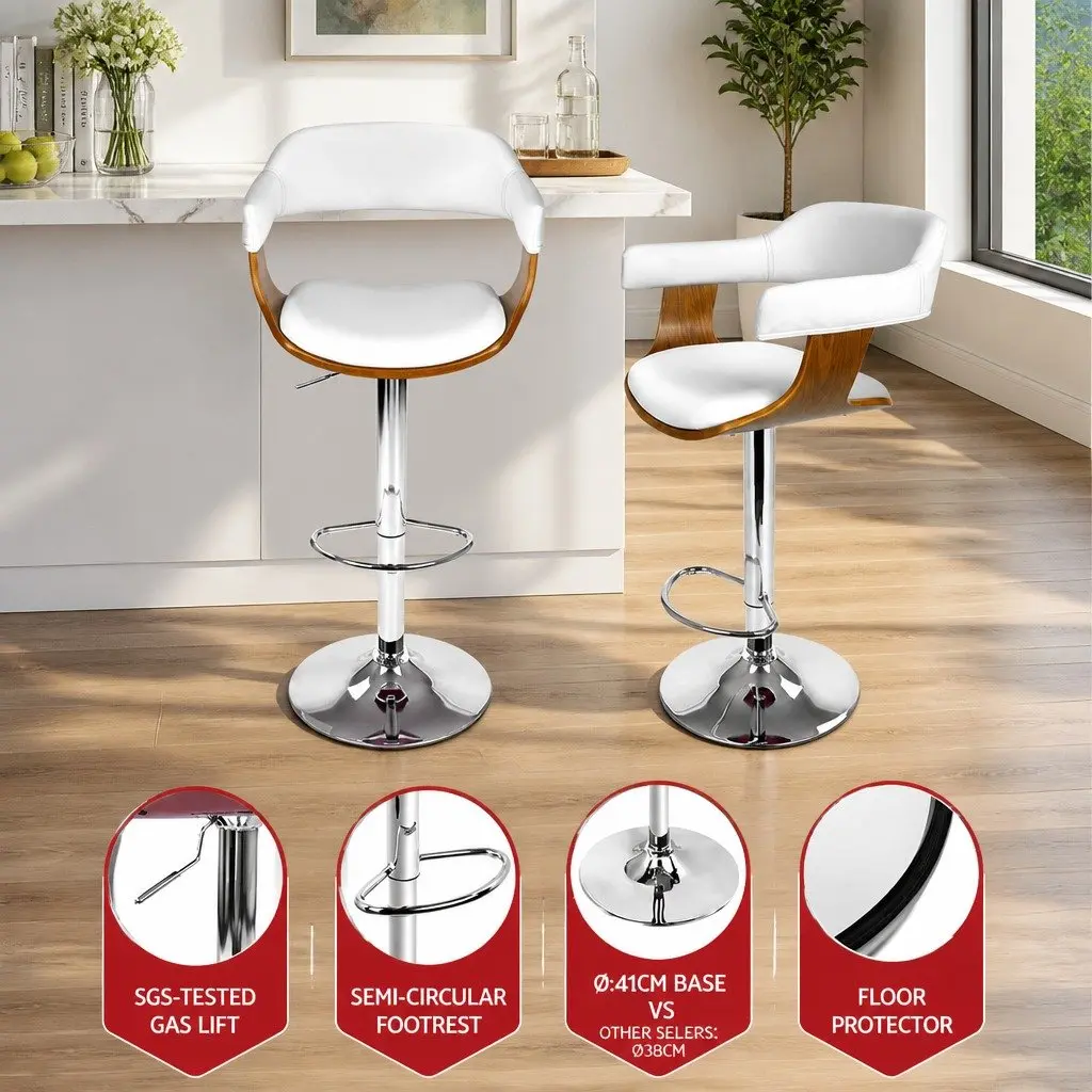 Bar Stools Wooden Seat Gas Lift Swivel Chair Adjustable Height White Set of 2