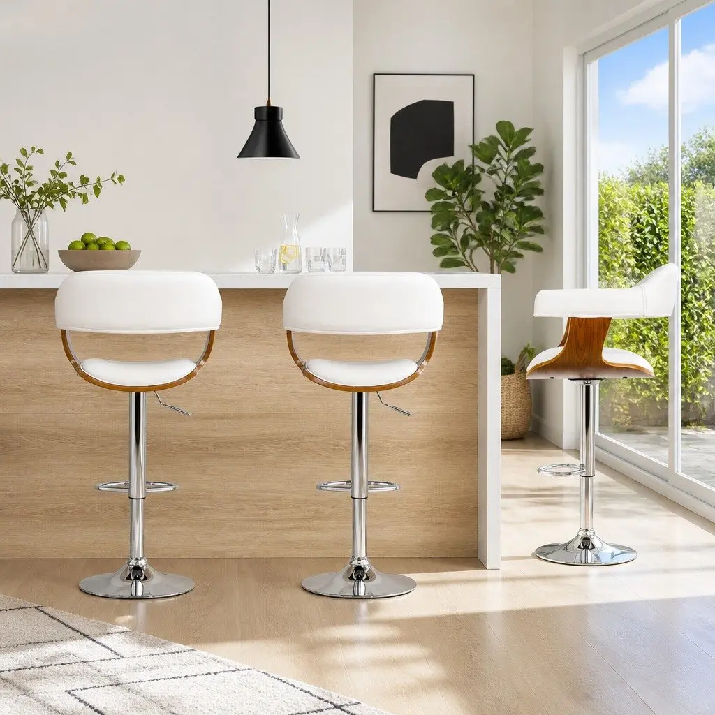 Bar Stools Wooden Seat Gas Lift Swivel Chair Adjustable Height White Set of 2