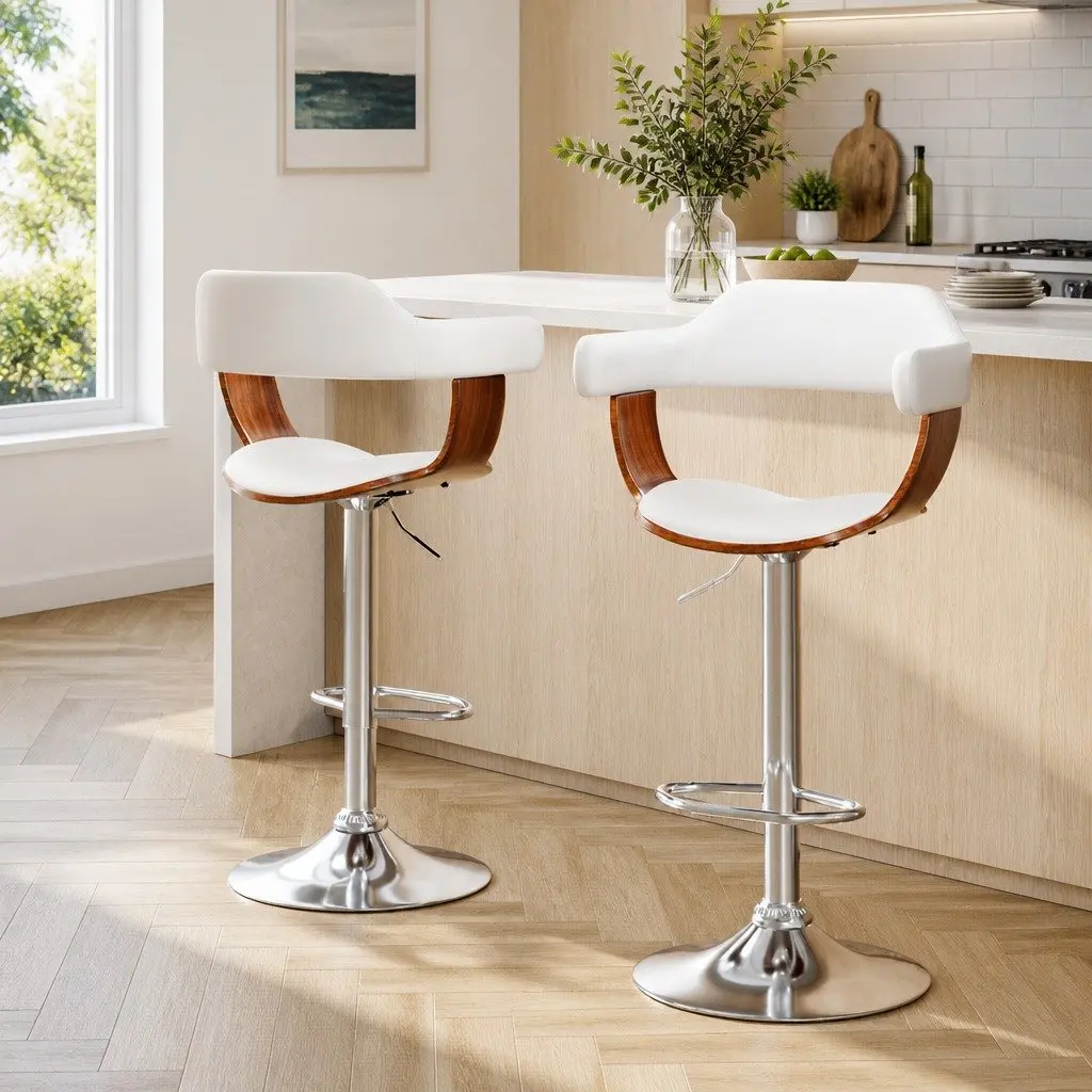 Bar Stools Wooden Seat Gas Lift Swivel Chair Adjustable Height White Set of 2