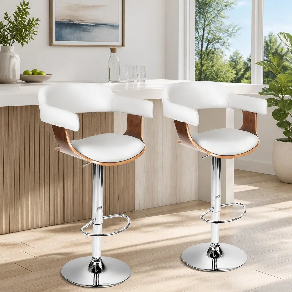 Bar Stools Wooden Seat Gas Lift Swivel Chair Adjustable Height White Set of 2