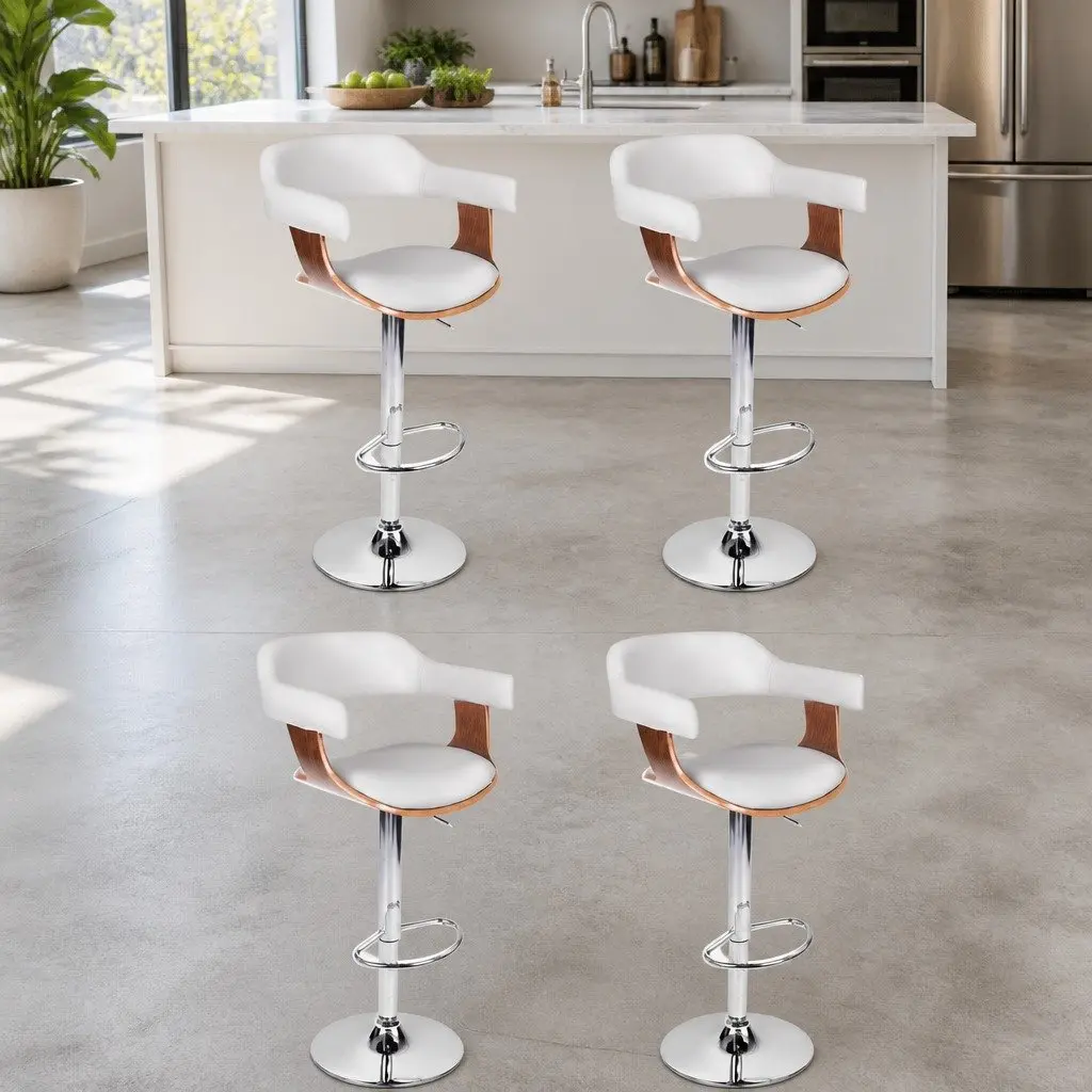 Bar Stools Wooden Seat PU Leather Padded Height Adjustable Swivel White Chrome Base 4 Piece