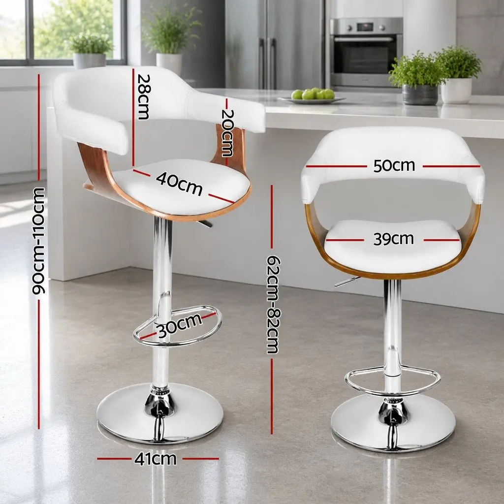 Bar Stools Wooden Seat PU Leather Padded Height Adjustable Swivel White Chrome Base 4 Piece