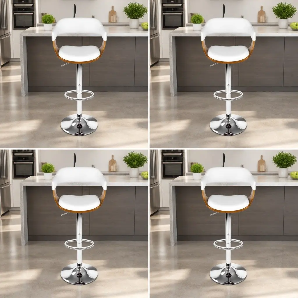 Bar Stools Wooden Seat PU Leather Padded Height Adjustable Swivel White Chrome Base 4 Piece