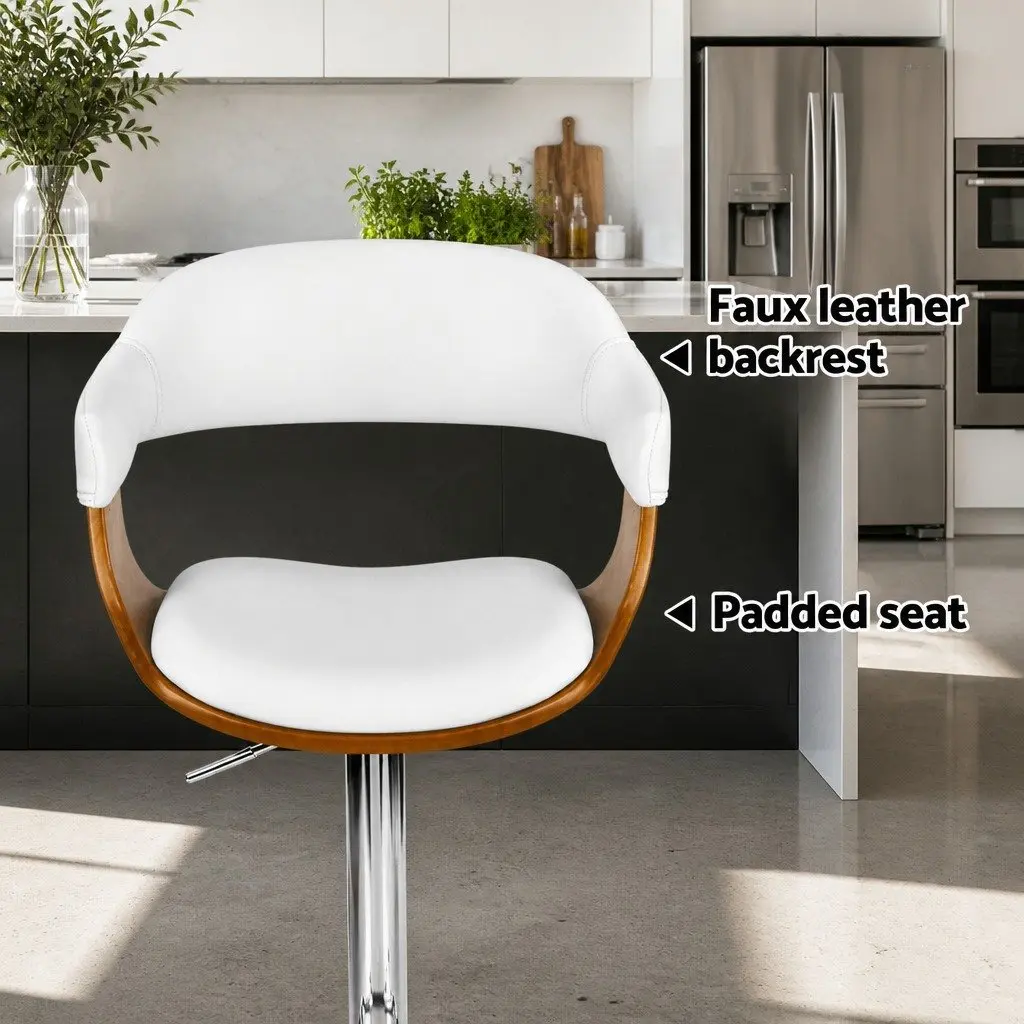 Bar Stools Wooden Seat PU Leather Padded Height Adjustable Swivel White Chrome Base 4 Piece