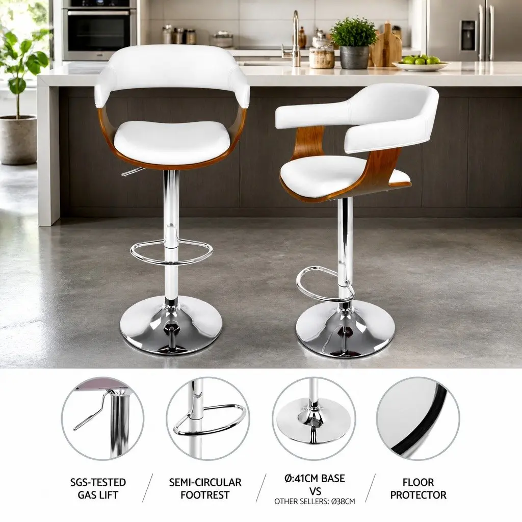 Bar Stools Wooden Seat PU Leather Padded Height Adjustable Swivel White Chrome Base 4 Piece